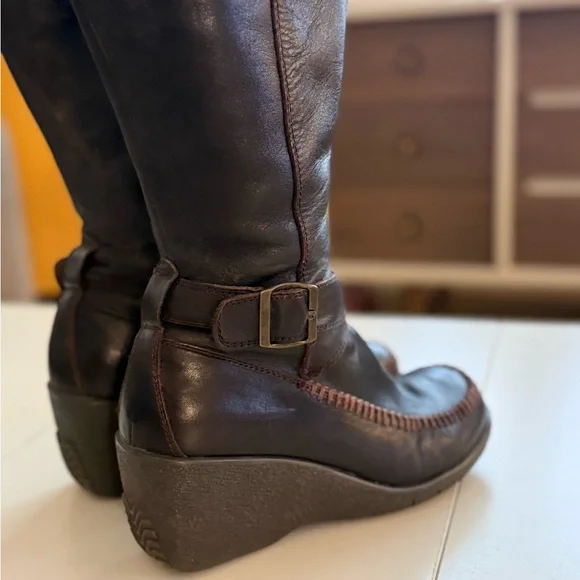 Chocolate Brown Wedge Boots Thick Stitching Y2K Folkcore Cottagecore Boho Artsy - Picture 6 of 7